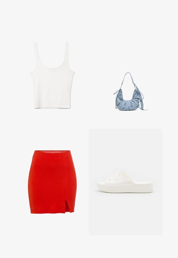 Hvid bomulds tanktop med en rundet halsudskæring, uden ærmer og en tætsiddende pasform. Glat tekstur, ensartet design og minimale syninger.; Rød strikket nederdel med en tætsiddende pasform, der har en sideslids og en kant, der sidder lige over midt-lår. Glat tekstur, enkel konstruktion.; Hvide slip-on sandaler lavet af gummiagtigt materiale, med ventilationshuller og en kraftig, tekstureret sål for bedre greb.; Lyseblå blød stof skuldertaske med rynket design, justerbar rem og lille rundt logo på den ene side mod en hvid baggrund.