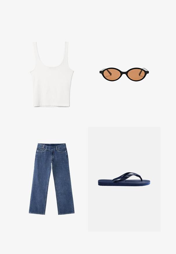 Hvid bomulds tanktop med en rundet halsudskæring, uden ærmer og en tætsiddende pasform. Glat tekstur, ensartet design og minimale syninger.; Blå straight-leg denimjeans med dobbelt knaplukning, forlommer og bæltestropper.; Mørkeblå gummiflipflop med tekstureret sål og en Y-formet strop på en ensfarvet lys baggrund.; Sorte ovale solbriller med brune tonede linser og tynde sorte arme, vist mod en hvid baggrund.