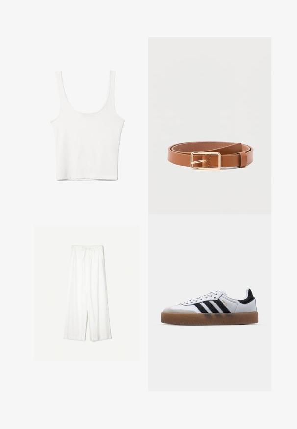 Hvid bomulds tanktop med en rundet halsudskæring, uden ærmer og en tætsiddende pasform. Glat tekstur, ensartet design og minimale syninger.; Hvide bukser med vide ben, elastisk talje og snøre, lavet af let stof.; Hvide lædersneakers med sorte striber, gummirubber sål, rund tå, snørelukning og blød grå ruskinds tåhætte.; Brunt læderbælte med et rektangulært spænde i guldfarvet metal og en glat overflade, med en enkelt løkke og uden synlige metalbeslag.