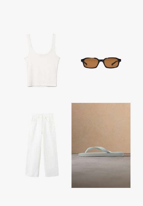 Débardeur en coton blanc avec un décolleté arrondi, sans manches et ajusté. Texture lisse, design uni et détails de couture minimaux.; Jean en denim blanc taille haute à jambe large avec bouton frontal, fermeture éclair, passants pour ceinture et conception à cinq poches sur un fond uni.; Tongue en caoutchouc beige clair unique avec semelle texturée et bride en forme de Y sur un fond gris uni.; Lunettes de soleil rectangulaires noires avec des montures épaisses et des verres teintés marron, vues de face sur un fond blanc.