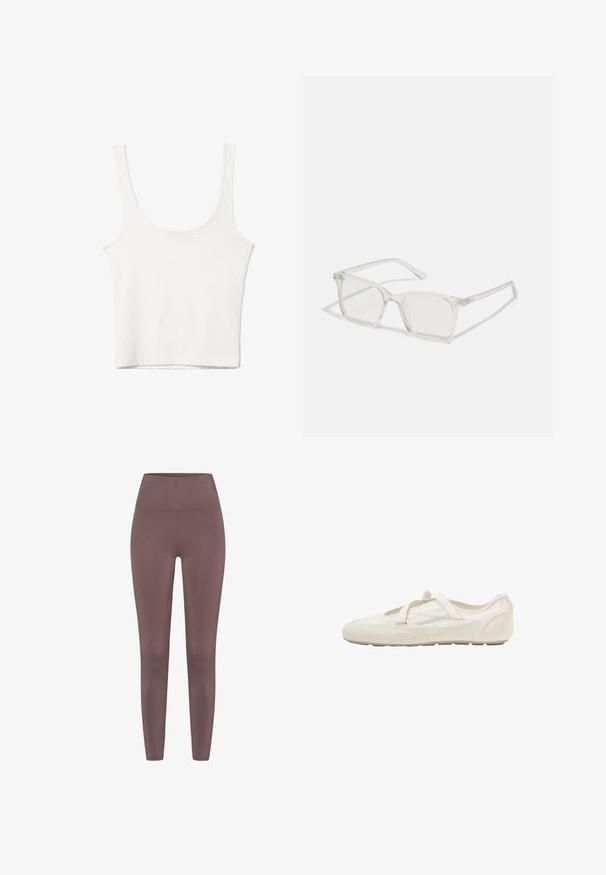 Hvid bomulds tanktop med en rundet halsudskæring, uden ærmer og en tætsiddende pasform. Glat tekstur, ensartet design og minimale syninger.; Højlivede leggings i en dæmpet mauve farve, lavet af et glat, strækbart stof. Har et sømløst design uden synlig hardware.; Hvid flad sko med quiltet overdel og enkelt rem over toppen, med gummisål og rundet tå.; Klare plastiske briller med firkantet ramme og gennemsigtige linser, der har guld accenter på tempelstængerne for ekstra detaljer.