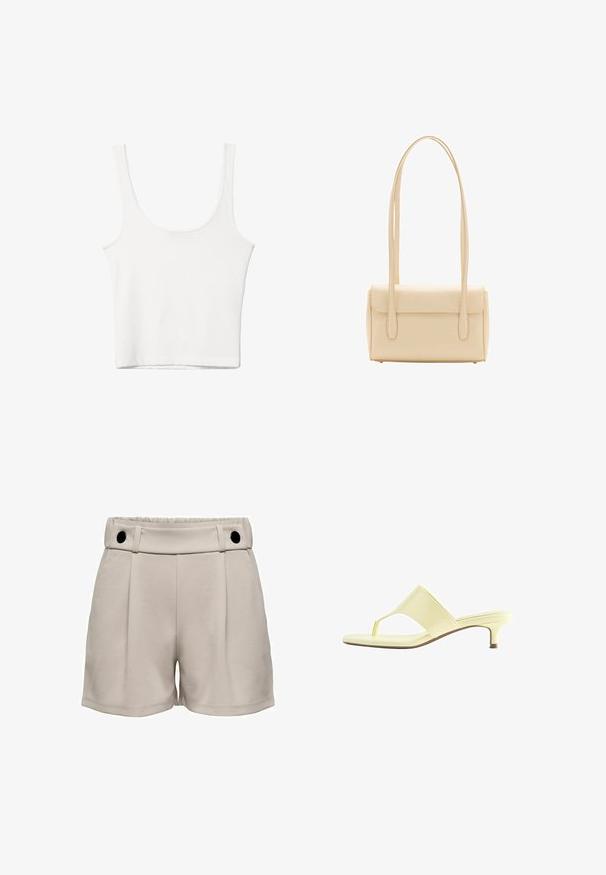 Débardeur en coton blanc avec un décolleté arrondi, sans manches et ajusté. Texture lisse, design uni et détails de couture minimaux.; Shorts beige clair avec taille haute, devant plissé et deux boutons noirs à la taille. Texture douce et design décontracté.; Sandale à talon jaune clair avec bride entre les orteils et petit talon kitten, vue de profil sur fond blanc.; Sac à épaule rectangulaire beige avec longues bretelles doubles et fermeture à rabat, présenté sur fond blanc.