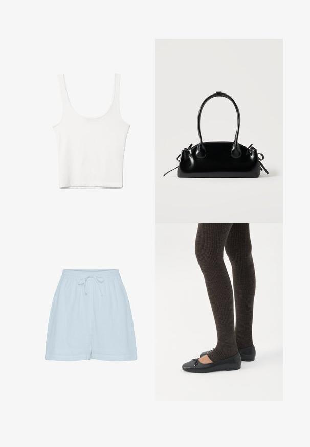 Witte katoenen tanktop met een ronde halslijn, zonder mouwen en een getailleerde vorm. Soepele textuur, eenvoudig ontwerp en minimale stikdetails.; Lichtblauwe katoenen shorts met een relaxte pasvorm, elastische tailleband en verstelbaar trekkoord. Beschikt over een zachte, gestructureerde stof en zijnaad.; Benen met donkere geribbelde leggings gecombineerd met zwarte ballerina's met kleine strikdetails op een witte achtergrond.; Kleine zwarte glanzende handtas met twee lange hengsels en zijkant trekkoord details op een effen lichte achtergrond.