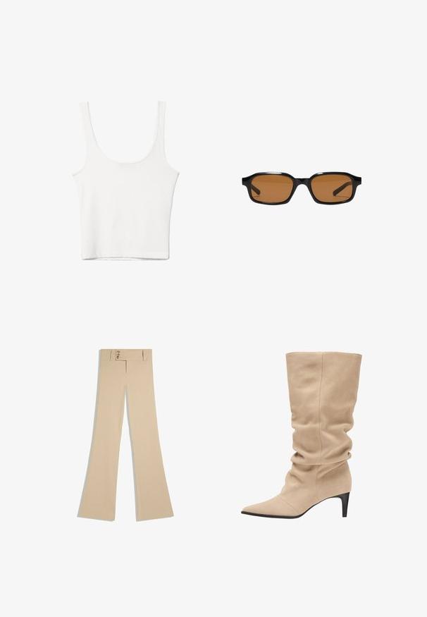 Débardeur en coton blanc avec un décolleté arrondi, sans manches et ajusté. Texture lisse, design uni et détails de couture minimaux.; Pantalon beige taille haute avec trois boutons et jambes larges évasées, présenté à plat sur fond blanc.; Botte beige mi-mollet décontractée en daim avec bout pointu et talon kitten noir.; Lunettes de soleil rectangulaires noires avec des montures épaisses et des verres teintés marron, vues de face sur un fond blanc.