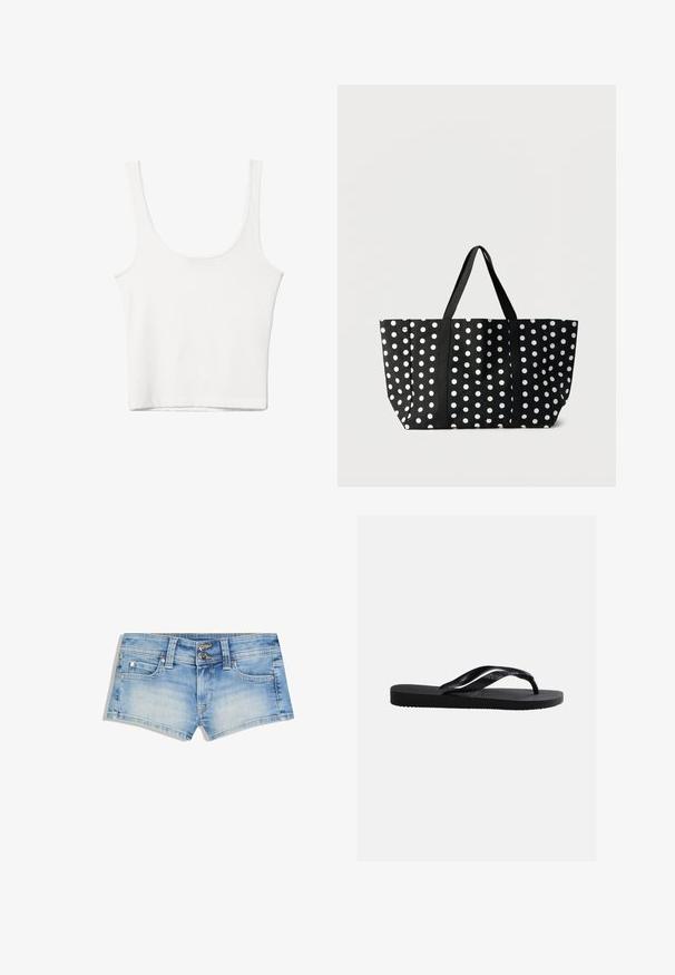 Débardeur en coton blanc avec un décolleté arrondi, sans manches et ajusté. Texture lisse, design uni et détails de couture minimaux.; Shorts en denim bleu clair avec un effet délavé, deux boutons à la taille, design à cinq poches et détails de surpiqûres contrastées.; Sandale tong noire en caoutchouc avec semelle texturée et brides lisses, vue de côté sur un fond gris clair uni.; Sac cabas noir à pois blancs, avec deux anses en tissu noir et une forme rectangulaire large sur un fond uni.