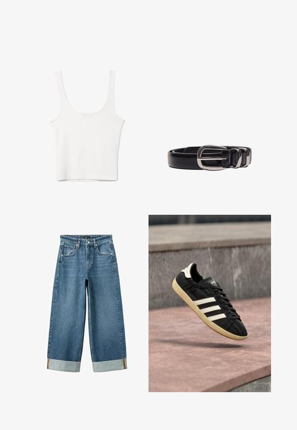 Débardeur en coton blanc avec un décolleté arrondi, sans manches et ajusté. Texture lisse, design uni et détails de couture minimaux.; Jean large bleu avec ourlets retroussés, bouton avant, fermeture éclair et design à cinq poches.; Baskets Adidas noires avec des bandes blanches et une semelle beige, capturées en plein air au-dessus d'une surface en pierre et d'un mur en pierre en arrière-plan.; Ceinture en cuir noir enroulée avec une boucle rectangulaire argentée brillante et deux passants sur fond blanc.