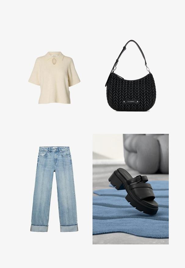Top polo de manga corta de punto beige con cuello polo, con un detalle de ojo de cerradura en el cuello. Textura suave y ajuste relajado.; Jeans anchos de mezclilla azul claro con una cintura alta, que cuentan con cinco bolsillos, costuras visibles y dobladillos en los puños.; Sandalia negra de tacón grueso con correa de hebilla flotando sobre una alfombra azul texturizada, con piernas dobladas y desenfocadas en el fondo.; Bolso de mano de cuero negro con textura trenzada, forma curva y correa de hombro desmontable. Presenta una placa de logo plateada en la parte frontal.
