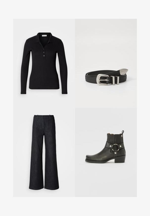 Sort langærmet polo-shirt lavet af ribbet stof, med krave, tre-knaps lukning og slank pasform.; Sorte viddebenede denimbukser med en tekstureret finish, udstyret med bæltestropper og en ren kant. Klassisk design, velegnet til forskellige lejligheder.; Sort læder ankelstøvle med rund tå, ribbede elastiske sider, en metallisk ringdetalje og en lav blokhæl.; Sort læderbælte med en sølvfarvet metalspænde og dobbelt løkke detaljer, der har en tekstureret overflade og en spids ende for en sikker pasform.