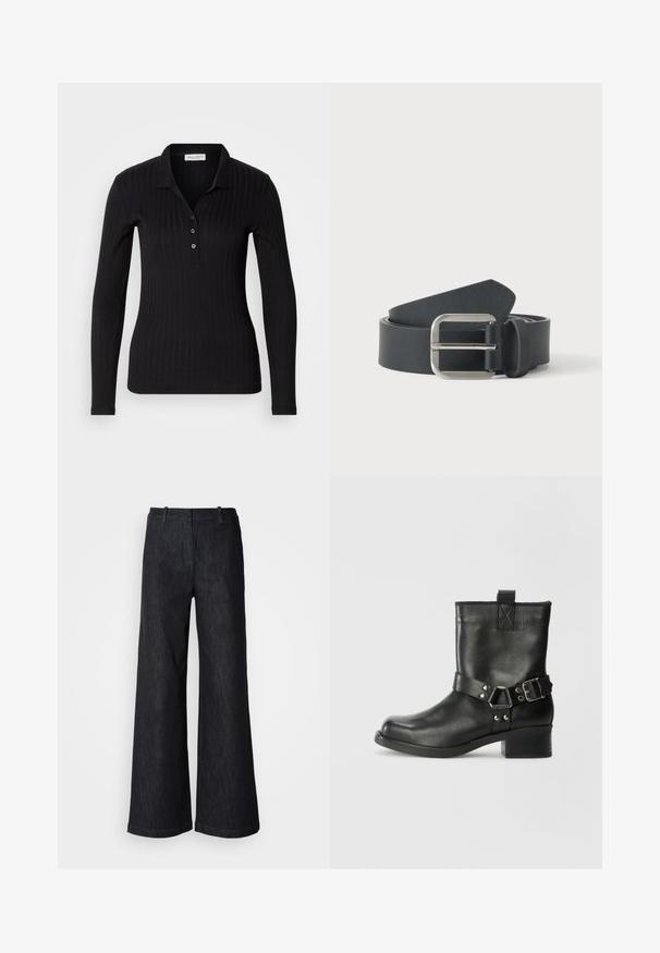 Sort langærmet polo-shirt lavet af ribbet stof, med krave, tre-knaps lukning og slank pasform.; Sorte viddebenede denimbukser med en tekstureret finish, udstyret med bæltestropper og en ren kant. Klassisk design, velegnet til forskellige lejligheder.; Samsøe Samsøe SABRENTA - Cowboy- / bikerstøvlette - black; Sort læderbælte rullet med sølvfarvet rektangulært metalspænde på en ensfarvet lys baggrund.