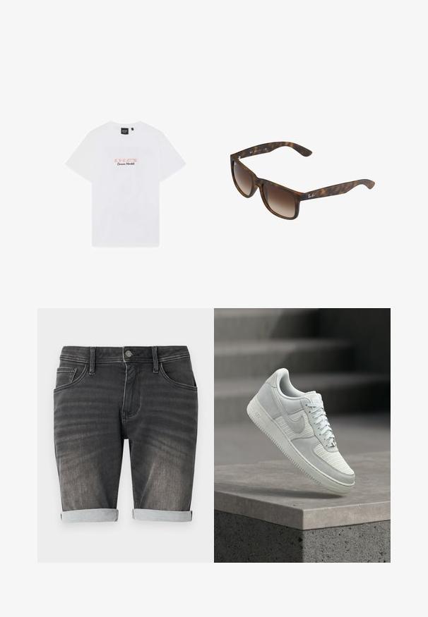 Witte T-shirt met korte mouwen met de tekst "LYLE'S Corner Market" in roze en zwart gedrukt op de voorkant in het midden.; Grijze denimshorts met een omgerolde zoom, voorzien van een vijf-pocket ontwerp, knoopsluiting en subtiele vervaging langs de stof.; Witte Nike Air Force 1 sneaker met mesh en leren delen, veters gestrikt, zwevend boven een betonnen richel tegen een wazige achtergrond van traptreden.; Kattenoog zonnebril met bruine gradient lenzen, rechthoekige vorm, dikke monturen en een zilveren logoaccent aan de zijkant.