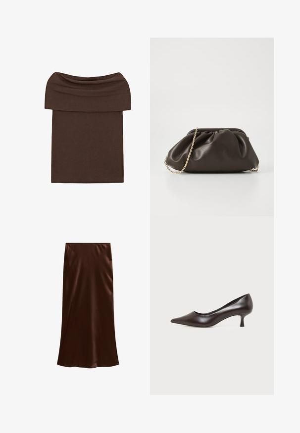 Jupe ajustée marron à épaules dénudées avec une large ceinture pliée, en tissu doux et extensible.; Jupe midi en satin marron avec une texture lisse et une silhouette évasée, présentée sur un fond blanc.; Escarpin en cuir marron foncé à bout pointu avec petit talon incurvé sur fond blanc.; Sac à main en cuir marron avec un design froncé, une bandoulière en chaîne dorée et une finition douce et texturée. Sa forme compacte est idéale pour une utilisation en soirée.
