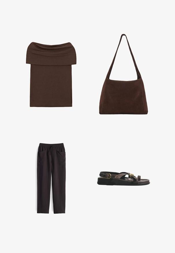 Bruine nauwsluitende rok met blote schouders en een brede gevouwen tailleband, gemaakt van zachte, rekbare stof.; Zwarte, losse broek met een elastische tailleband en verstelbaar trekkoord; heeft twee voorke pockets en een gladde textuur.; Bruine leren platte sandaal met teenlus, gekruiste bandjes en gouden gesp sluitingen op een zwarte zool.; Bruine suède schoudertas met een slouchy vorm, enkele brede strap en een eenvoudig ontwerp. Bevat zichtbare stiksels langs de randen.