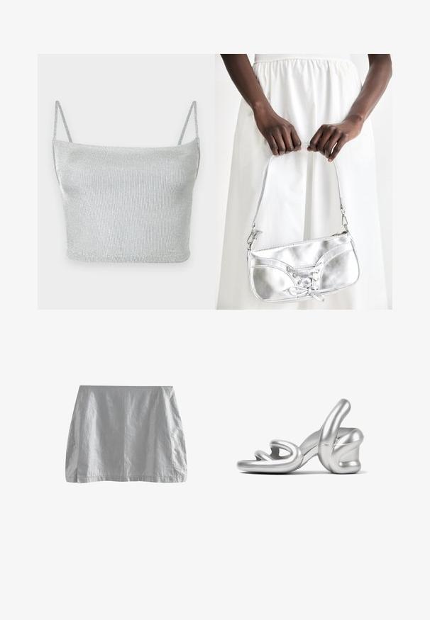 Top corto de punto metálico plateado con tirantes delgados ajustables. Diseño entallado y textura suave. Sin patrones ni detalles visibles de herrajes.; Minifalda gris hecha de un tejido ligero con una textura suave, que presenta un diseño sencillo y un dobladillo recto. Sin sujetadores ni adornos visibles.; Sandal de tacón alto plateado con un diseño escultórico, acabado metálico suave y un detalle único de correa retorcida en la parte frontal.; Bolso metálico plateado con detalle de cordones, que presenta un diseño elegante y una correa corta. El bolso está sostenido con las manos, mostrando su textura.
