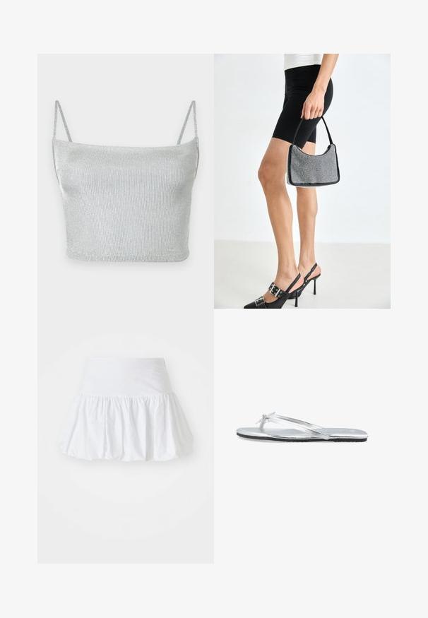 Crop top court en maille métallique argentée avec fines bretelles ajustables. Coupe ajustée et texture lisse. Aucun motif ni détail métallique visible.; Jupe évasée blanche fabriquée en tissu léger, avec un design froncé et une taille élastique pour le confort. Pas de motifs ni d'accents visibles.; Sandale plate argentée à lanières fines avec un petit nœud sur le dessus, équipée d'une semelle noire.; Sac à main à perles noires avec une silhouette courbée, une poignée de transport et une texture brillante. Porté avec des chaussures à talons hauts noires et un short noir ajusté.