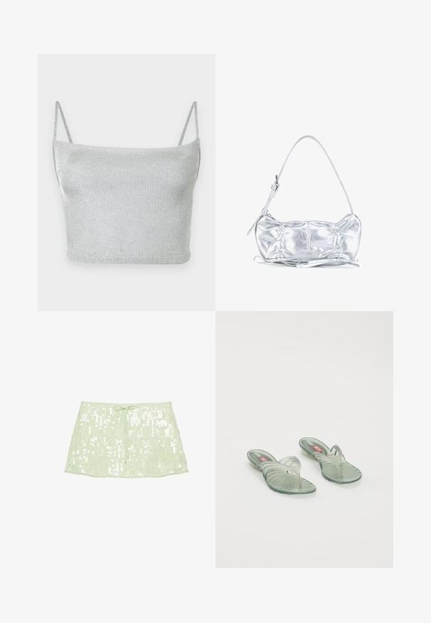 Silbernes, metallisch glänzendes, gestricktes Crop-Top mit dünnen, verstellbaren Trägern. Enganliegendes Design und glatte Textur. Keine Muster oder sichtbare Verzierungen.; Hellgrüner Pailletten-Minirock mit Kordelzug in der Taille, auf weißem Hintergrund präsentiert.; Transparente Jelly-Sandalen mit gewelltem Design, ausgestattet mit einem Zehensteg und einem geriffelten Sohlenmuster. Die Farben umfassen hellgrün und klare Töne.; Silberne metallic Schultertasche mit gerafftem Design, verstellbarem Träger und dekorativen Schleifendetails vor weißem Hintergrund.