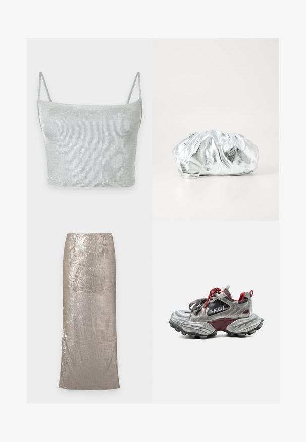 Top corto de punto metálico plateado con tirantes delgados ajustables. Diseño entallado y textura suave. Sin patrones ni detalles visibles de herrajes.; Falda midi plateada y brillante cubierta de lentejuelas, con una silueta recta y un dobladillo que cae por debajo de la rodilla. Textura suave.; Zapatilla plateada y granate con suela gruesa y texturizada, cordones rojos, paneles de malla negra y marca "KOI" en el lateral.; Bolso de mano plateado metálico con un cuerpo suave y fruncido y una correa de hombro delgada. Presenta una textura suave y brillante y una forma redondeada.