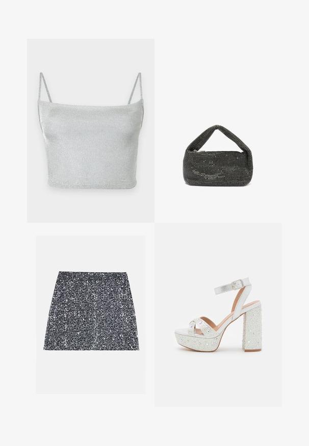 Ασημί μεταλλικό πλεκτό crop top με λεπτές ρυθμιζόμενες τιράντες. Εφαρμοστή σχεδίαση και ομαλή υφή. Χωρίς μοτίβα ή ορατές μεταλλικές λεπτομέρειες.; Ασημένια μίνι φούστα με παγιέτα που διαθέτει υφασμάτινο σχέδιο και ίσια γραμμή. Το ύφασμα φαίνεται λαμπερό και ανακλαστικό.; Λευκά σανδάλια πλατφόρμας με μεταλλική φινίρισμα, διαθέτοντας δύο διασταυρούμενες λωρίδες, λωρίδα στον αστράγαλο και μπεζ τακούνι διακοσμημένο με λαμπερούς πολύτιμους λίθους.; Μικρή μαύρη τσάντα καλυμμένη με μικρές λαμπερές στρας, με κοντή, επενδεδυμένη λαβή και επάνω φερμουάρ κλεισίματος.