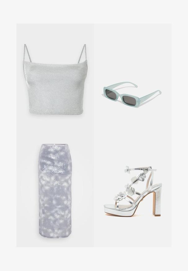 Zilverkleurige metallic gebreide crop top met dunne verstelbare bandjes. Strak model en gladde textuur. Geen patronen of zichtbare hardware details.; Grijze midi-rok van ribbelstof met een wolkpatroon en pailletten. Het heeft een strakke pasvorm en een soepele zoom.; Zilverkleurige sandaal met hoge hak en plateauzool, enkelriempje, meerdere bloemenversieringen op de bandjes en een blokhak.; Een paar rechthoekige zonnebrillen met lichtblauwe doorzichtige monturen en donkergrijze glazen, met rechte pootjes en minimale hardwaredetails.