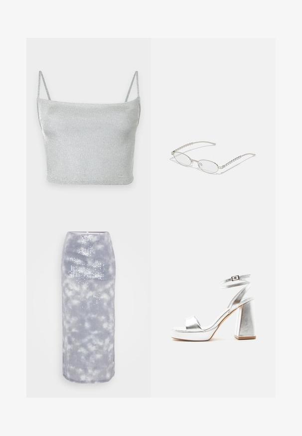 Sølvmetallic strikket cropped top med tynde justerbare stropper. Tætsiddende design og glat tekstur. Ingen mønstre eller synlige hardware-detaljer.; Grå midi-nederdel lavet af ribbet stof med et sky mønster og pailletter. Den har en tætsiddende pasform og en glat kant.; Sølv metallic højhælet sandal med ankelrem, blokhæl og åben tå på en ensartet lys baggrund.; Ovale briller med en metallisk sølvramme, klare linser og strukturerede perleaccentede stænger. Letvægtsdesign med buede arme.