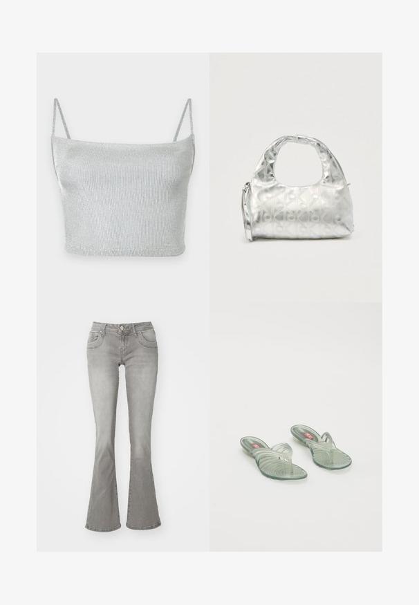 Zilverkleurige metallic gebreide crop top met dunne verstelbare bandjes. Strak model en gladde textuur. Geen patronen of zichtbare hardware details.; Grijze flared jeans met een middelhoge taille, voorkzakken en een knoopsluiting, gemaakt van denim stof met een gladde structuur.; Transparante jelly sandalen met een golfvormig ontwerp, voorzien van een tussenstuk en een gegroefd zoolpatroon. Kleuren zijn onder andere lichtgroen en transparante tinten.; Zilveren handtas met een gestructureerd patroon van geometrische vormen en cirkels, voorzien van een afgeronde handgreep en een afneembare riem.