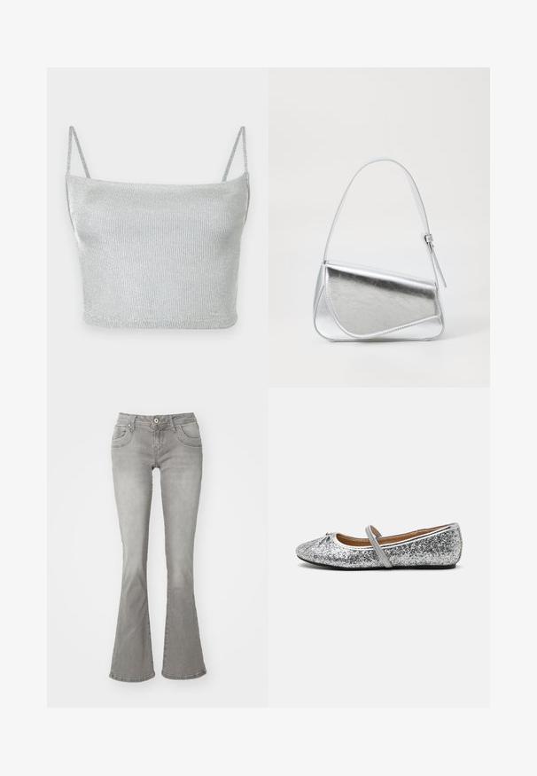 Crop top court en maille métallique argentée avec fines bretelles ajustables. Coupe ajustée et texture lisse. Aucun motif ni détail métallique visible.; Jeans gris évasés avec une taille mi-haute, poches avant et fermeture à bouton, fabriqués en denim avec une texture lisse.; Ballerines en paillettes argentées avec un bout arrondi, une sangle élastique et un talon minimal. Surface texturée avec un éclat métallique et des finitions contrastées.; Sac à main en métal argenté de forme triangulaire, texture lisse et fine bandoulière réglable. Présente un design rabat avec couture.