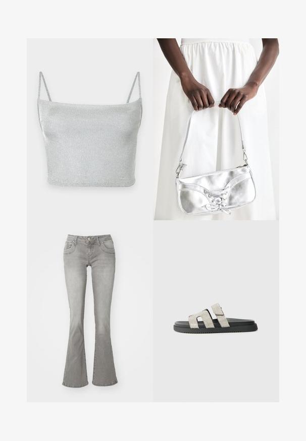 Crop top court en maille métallique argentée avec fines bretelles ajustables. Coupe ajustée et texture lisse. Aucun motif ni détail métallique visible.; Jeans gris évasés avec une taille mi-haute, poches avant et fermeture à bouton, fabriqués en denim avec une texture lisse.; Sandale à semelle noire avec deux bandes verticales ornées de strass argentés, design plat, texture en caoutchouc et motif de semelle subtil.; Sac à main en métal argenté avec un détail à lacets, arborant un design épuré et une courte sangle. Le sac est tenu dans les mains, mettant en valeur sa texture.