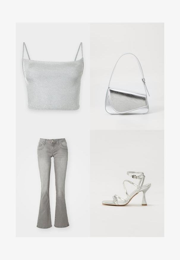 Sølvmetallic strikket cropped top med tynde justerbare stropper. Tætsiddende design og glat tekstur. Ingen mønstre eller synlige hardware-detaljer.; Grå flagrende jeans med en middelhøj talje, frontlommer og knaplukning, lavet af denimstof med en glat tekstur.; Sølv høje hæle sandaler med flere krydsschooler, en spændeankelrem og en skulptureret hæl, med en skinnende metallisk finish.; Sølvmetallic håndtaske med en trekantet form, glat overflade og en tynd, justerbar skulderrem. Har et fold-over design med syninger.