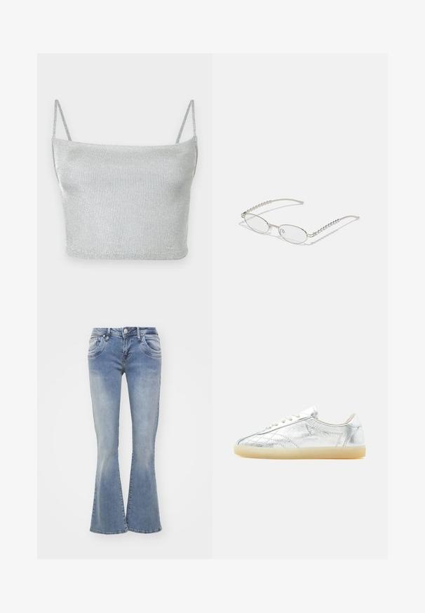 Ασημί μεταλλικό πλεκτό crop top με λεπτές ρυθμιζόμενες τιράντες. Εφαρμοστή σχεδίαση και ομαλή υφή. Χωρίς μοτίβα ή ορατές μεταλλικές λεπτομέρειες.; Μπλε καμπάνες τζιν παντελόνι από ντένιμ, με φωτεινή απόχρωση, πέντε τσέπες και κλείσιμο με κουμπί. Τα πόδια είναι φαρδιά στο στρίφωμα.; Χαμηλή αθλητική παπούτσια με μεταλλικό ασημί υφή επάνω μέρος, λευκά κορδόνια και ημιδιάφανο μπεζ λαστιχένιο πάτο, απεικονισμένη από το πλάι σε λευκό φόντο.; Οβάλ γυαλιά με μεταλλικό ασημί σκελετό, διαφανείς φακούς και ανάγλυφες περλίτσες στις βραχίονες. Ελαφριά σχεδίαση με καμπύλα άκρα.