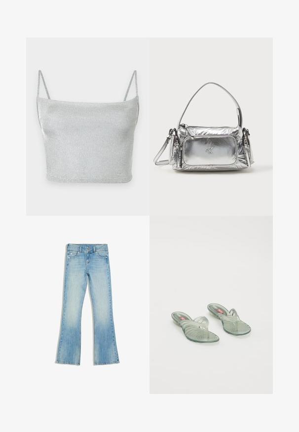 Zilverkleurige metallic gebreide crop top met dunne verstelbare bandjes. Strak model en gladde textuur. Geen patronen of zichtbare hardware details.; Bershka BOOT-CUT JEANS - Bootcut jeans - light blue; Transparante jelly sandalen met een golfvormig ontwerp, voorzien van een tussenstuk en een gegroefd zoolpatroon. Kleuren zijn onder andere lichtgroen en transparante tinten.; Metalen zilveren handtas met een rechthoekige vorm, bovenrits en een voorkantvak. Voorzien van een korte handgreep en een verstelbare schouderband. Gestructureerde afwerking.