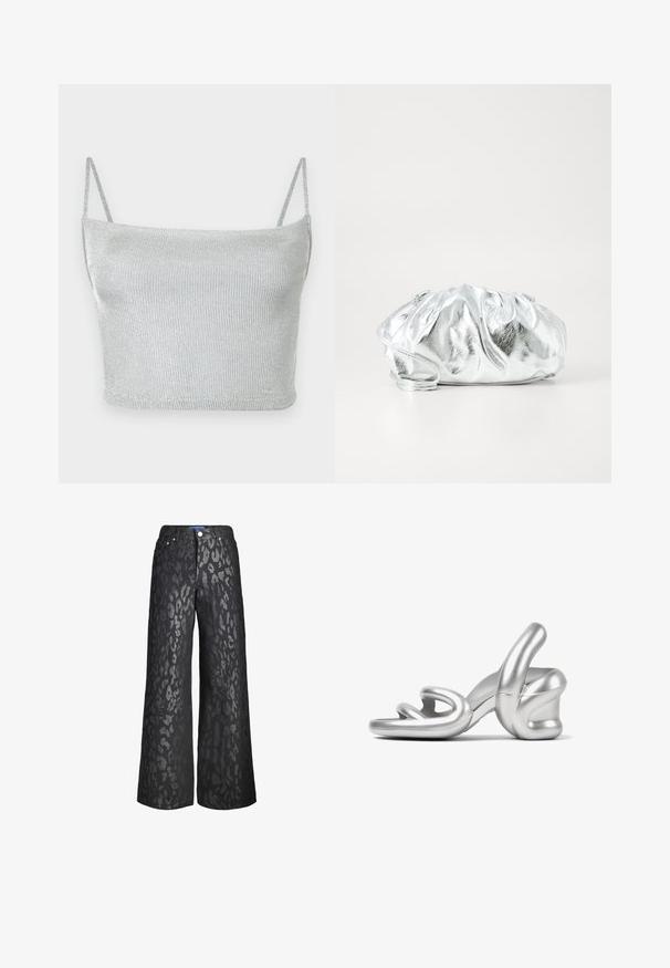 Strieborný metalický pletený crop top s tenkými nastaviteľnými ramienkami. Priliehavý strih a hladká textúra. Žiadne vzory ani viditeľné kovové detaily.; Čierne široké nohavice s potlačou zvierat v rôznych odtieňoch šedej. Vyrobené z denimu, s piatimi vreckami a predným zapínaním na gombík.; Strieborná sandála na vysokom podpätku s výnimočným tvarovým dizajnom, hladkým metalickým povrchom a jedinečným detailom skrúteného pásika vpredu.; Metalická strieborná kabelka na rameno s mäkkým, zbieraným telom a tenkým ramenným popruhom. Má hladký, lesklý povrch a okrúhly tvar.