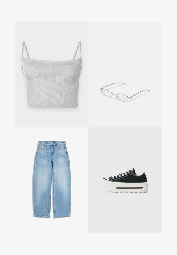 Silbernes, metallisch glänzendes, gestricktes Crop-Top mit dünnen, verstellbaren Trägern. Enganliegendes Design und glatte Textur. Keine Muster oder sichtbare Verzierungen.; Hellblaue Jeans mit weitem Bein, Vordertaschen, Gürtelschlaufen und einem Knopfverschluss auf weißem Hintergrund.; Schwarze Canvas-Sneaker mit einer weißen Gummisohle, die eine dicke Plateausohle, weiße Schnürsenkel und kontrastierende Nähte entlang der Nähte aufweisen.; Ovale Brillen mit einem metallisch-silbernen Rahmen, klaren Gläsern und strukturierten Perlenakzenten an den Bügeln. Leichtes Design mit gebogenen Bügeln.