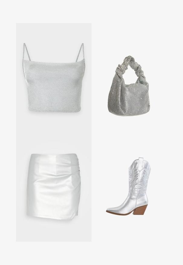 Zilverkleurige metallic gebreide crop top met dunne verstelbare bandjes. Strak model en gladde textuur. Geen patronen of zichtbare hardware details.; Even&Odd by Zalando Shorts - silver; Zilveren cowboylaars met puntige neus, gegraveerd bloemmotief en een gestapelde houten hak. Gladde metallic afwerking en hoge schacht.; Hey Kyla Handtas - silber