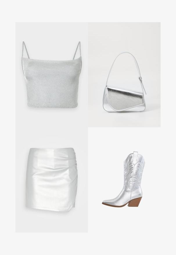 Silbernes, metallisch glänzendes, gestricktes Crop-Top mit dünnen, verstellbaren Trägern. Enganliegendes Design und glatte Textur. Keine Muster oder sichtbare Verzierungen.; Even&Odd Shorts - silver; Silberner Cowboy-Stiefel mit spitzem Zehenbereich, geprägtem Blumenmuster und gestapeltem Holzabsatz. Glatte metallische Oberfläche und hoher Schaft.; Silberfarbene metallische Handtasche mit dreieckiger Form, glatter Textur und einem dünnen, verstellbaren Schultergurt. Sie verfügt über ein umklappbares Design mit Nähten.