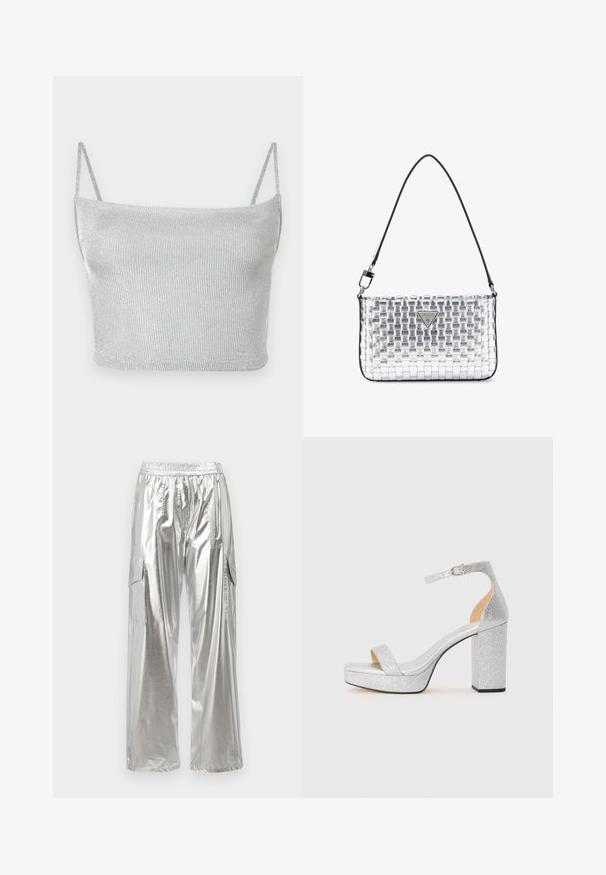 Sølvmetallic strikket cropped top med tynde justerbare stropper. Tætsiddende design og glat tekstur. Ingen mønstre eller synlige hardware-detaljer.; MCM METALLIC PANTS - Cargobukser - silver; Sølv glitrende højhælede sandal med bred blokhæls, åben tå og justerbar ankelrem. Glat indvendigt og tekstureret udvendigt.; Sølvvævet håndtaske med en sort skulderrem, prydet med et trekantet metallogo og en glat, skinnende overflade.