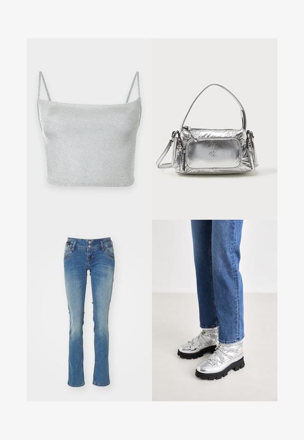 Crop top court en maille métallique argentée avec fines bretelles ajustables. Coupe ajustée et texture lisse. Aucun motif ni détail métallique visible.; Jean en denim bleu clair avec une légère décoloration, bas évasé, fermeture à deux boutons, design classique à cinq poches et détails de couture subtils.; Bottines argentées métalliques avec une semelle noire robuste, présentant un dessus rembourré et des lacets, associées à un jean droit bleu.; Sac à main en argent métallique de forme rectangulaire, avec une fermeture éclair sur le dessus et une poche avant. Il est doté d'une courte poignée et d'une sangle réglable. Fini texturé.