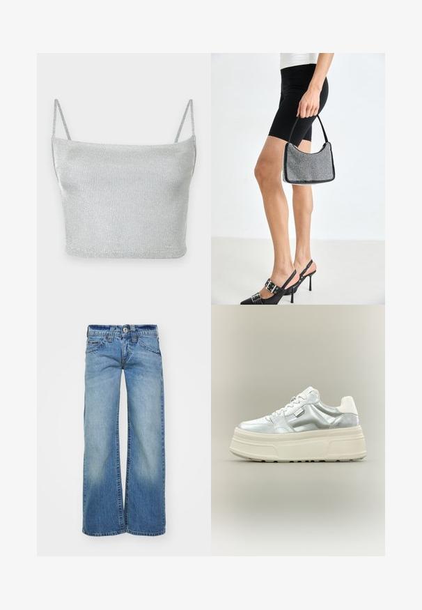 Strieborný metalický pletený crop top s tenkými nastaviteľnými ramienkami. Priliehavý strih a hladká textúra. Žiadne vzory ani viditeľné kovové detaily.; Svetlomodré široké džínsy z denimu, so zvyčajným umytím, piatimi vreckami a gombíkovým zapínaním s pútkami na opasok.; Robustná platformová teniska s kovovým strieborným zvrškom, bielymi šnúrkami a hrubou krémovou textúrovanou podrážkou, zobrazená z bočného profilu na neutrálnom pozadí.; Čierna korálková kabelka s zakriveným siluetom, nosnou rukoväťou a lesklou textúrou. Nosená s vysokými čiernymi topánkami na opätku a priliehavými čiernymi šortkami.