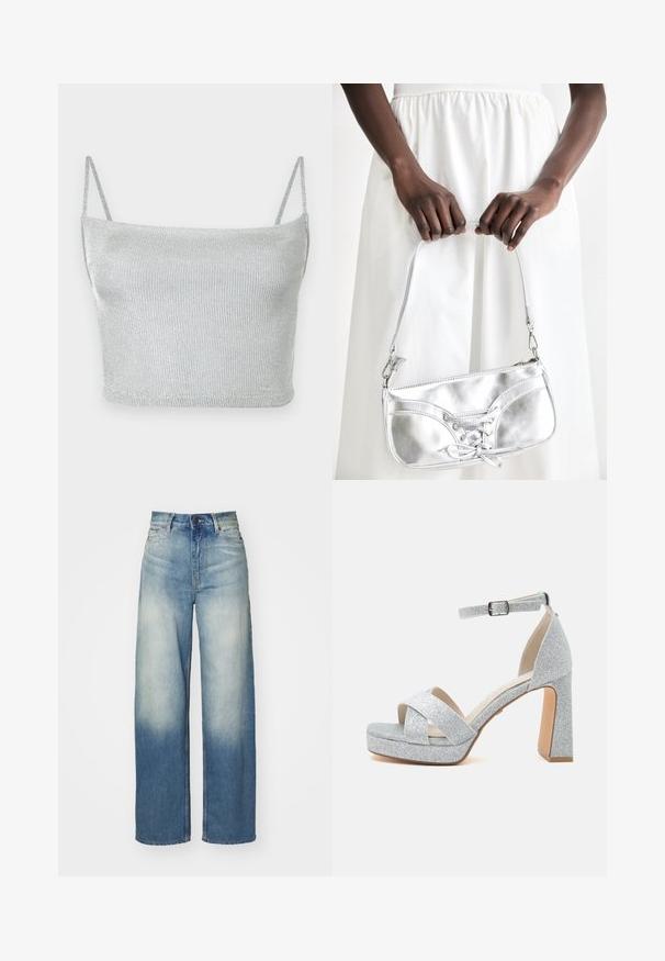 Strieborný metalický pletený crop top s tenkými nastaviteľnými ramienkami. Priliehavý strih a hladká textúra. Žiadne vzory ani viditeľné kovové detaily.; Svetlomodré džínsy s širokými nohavicami a vysokým pásom, vyrobené z denimu, so starým gradientom, piatimi vreckami a kovovými doplnkami.; Strieborné trblietavé platformové sandále s hrubým vysokým podpätkom, prekríženými remienkami cez prsty a nastaviteľným remienkom na členku so sponou.; Strieborná metalická kabelka s šnurovaním, vyznačujúca sa elegantným dizajnom a krátkym popruhom. Kabelka je držaná v rukách, čo predvádza jej textúru.