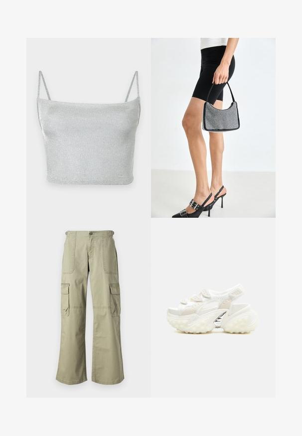 Strieborný metalický pletený crop top s tenkými nastaviteľnými ramienkami. Priliehavý strih a hladká textúra. Žiadne vzory ani viditeľné kovové detaily.; Khaki cargo nohavice s uvoľneným strihom, ktoré majú dve bočné vrecká, predné zapínanie na gombík a široké nohavice. Bavlnená tkanina s hladkou textúrou.; Robustné biele športové sandále s nastaviteľnými suchými zipsmi, perforovanými detailmi, hrubou textúrovanou podrážkou a strieborným akcentom na klenbe.; Čierna korálková kabelka s zakriveným siluetom, nosnou rukoväťou a lesklou textúrou. Nosená s vysokými čiernymi topánkami na opätku a priliehavými čiernymi šortkami.