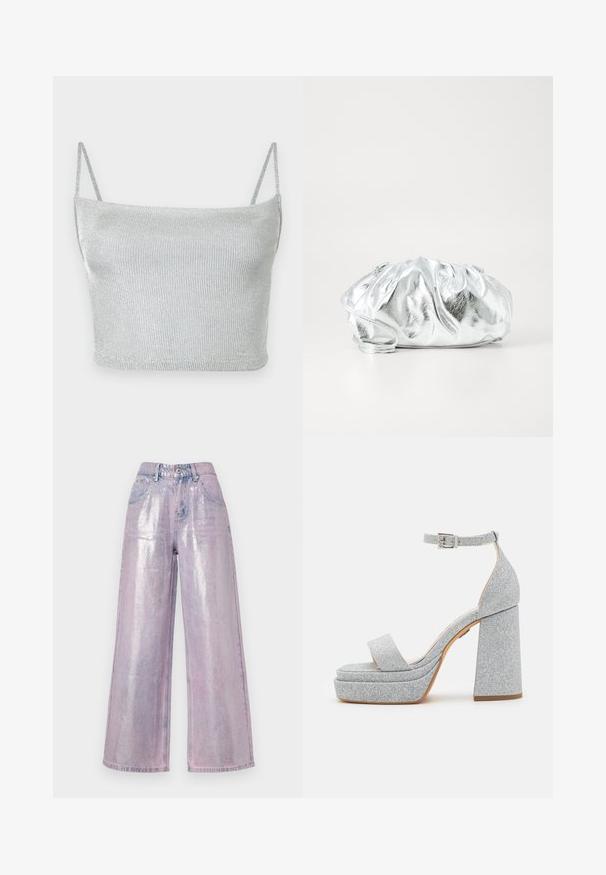 Hõbedane metallikvärvi kootud lühike top kitsaste reguleeritavate rihmadega. Lõige on keha järgnev ja pind on sile. Muster või metalldetailid puuduvad.; The Ragged Priest AMETHYST - Wide leg - metallic lilac; Hõbedased sädelevad platvormi sandaalid laia rihmaga, reguleeritava pahkluu pandlaga ja paksema kandega. Omab sujuvat ja tekstuurset viimistlust.; Metallik hõbedane vist välja kott pehme, kokku korjatud kehaga ja õhukese õlavarre rihmaga. Omab siledat, läikivat tekstuuri ja ümmargust kuju.