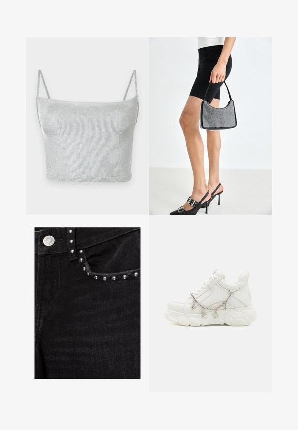 Crop top court en maille métallique argentée avec fines bretelles ajustables. Coupe ajustée et texture lisse. Aucun motif ni détail métallique visible.; Poche de jean en denim noir avec des clous métalliques argentés le long du bord et une fermeture à bouton argenté à la taille.; Baskets blanches avec une semelle épaisse, tige en cuir texturé et chaîne en métal décorative avec des breloques. Dispose d'un système de laçage et d'un col rembourré.; Sac à main à perles noires avec une silhouette courbée, une poignée de transport et une texture brillante. Porté avec des chaussures à talons hauts noires et un short noir ajusté.