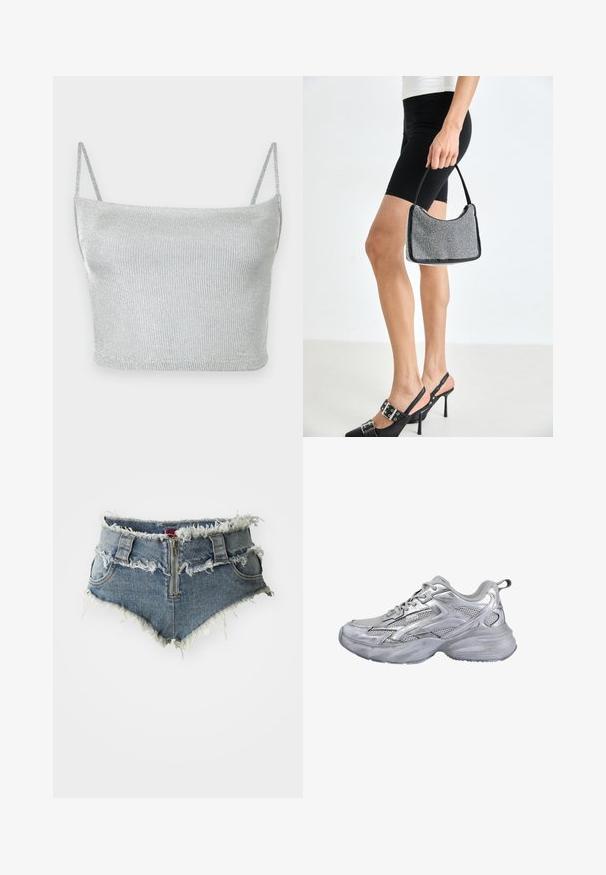 Crop top court en maille métallique argentée avec fines bretelles ajustables. Coupe ajustée et texture lisse. Aucun motif ni détail métallique visible.; Shorts en denim avec ourlet effiloché, taille haute, fermeture éclair à l'avant et deux poches avant. Le matériau est un denim bleu délavé avec des détails usés.; Baskets de sport en mesh argent et gris avec semelle épaisse et coussinée et fermeture à lacets, vues de côté extérieur sur fond blanc.; Sac à main à perles noires avec une silhouette courbée, une poignée de transport et une texture brillante. Porté avec des chaussures à talons hauts noires et un short noir ajusté.