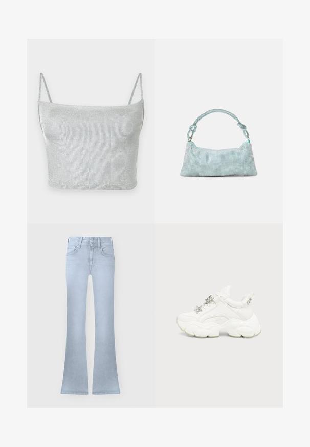 Ασημί μεταλλικό πλεκτό crop top με λεπτές ρυθμιζόμενες τιράντες. Εφαρμοστή σχεδίαση και ομαλή υφή. Χωρίς μοτίβα ή ορατές μεταλλικές λεπτομέρειες.; Ανοιχτό μπλε τζιν με ψηλή μέση, κούμπωμα με κουμπί και φερμουάρ, μπροστινές τσέπες και ελαφρώς φαρδιά πόδια.; Λευκό chunky sneaker με παχιά υφή στη σόλα, ασημένιο αστέρι και διακοσμήσεις πεταλούδας στα λευκά κορδόνια, και ασημένια καρφιά στο πίσω μέρος.; Mascara Τσαντάκι - mint