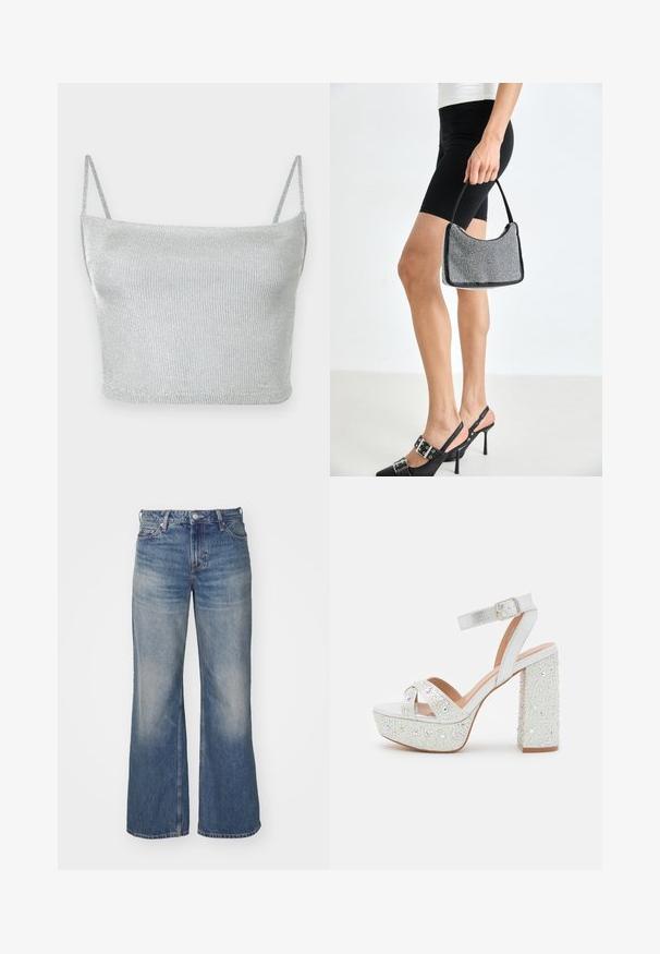 Strieborný metalický pletený crop top s tenkými nastaviteľnými ramienkami. Priliehavý strih a hladká textúra. Žiadne vzory ani viditeľné kovové detaily.; Svetlomodré džínsy s širokým strihom, s vyblednutou farbou, piatimi vreckami a gombíkovým zapínaním. Dôkladné šitie pozdĺž švov.; Biele platformové sandále s metalickým finišom, so zlomenými pásmi, pásikom okolo členka a blokovým opätkom ozdobeným trblietavými kamienkami.; Čierna korálková kabelka s zakriveným siluetom, nosnou rukoväťou a lesklou textúrou. Nosená s vysokými čiernymi topánkami na opätku a priliehavými čiernymi šortkami.