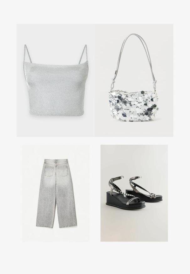 Sølvmetallic strikket cropped top med tynde justerbare stropper. Tætsiddende design og glat tekstur. Ingen mønstre eller synlige hardware-detaljer.; Løse grå denim jeans med et falmet udseende, med to baglommer og rå kanter.; Sorte kile-sandaler med metalliske stropper og cirkulære udskæringer. Glat læderoverflade med hvide syninger.; Sølvglitrende håndtaske med rund form, lynlåslukning og en tynd metallisk rem. Har reflekterende cirkulære accenter og tekstureret overflade.