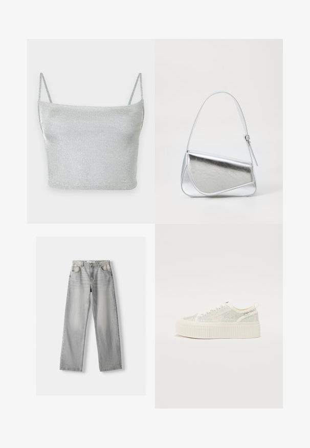 Sølvmetallic strikket cropped top med tynde justerbare stropper. Tætsiddende design og glat tekstur. Ingen mønstre eller synlige hardware-detaljer.; Lys grå denim jeans med lige pasform, der har to frontlommer, en knappelukning og diskrete slidser for tekstur.; Hvide platformsko med en tekstureret overdel, der har iriserende accenter og en tyk ribbet sål. Snørebånd og en trækstrop bagpå.; Sølvmetallic håndtaske med en trekantet form, glat overflade og en tynd, justerbar skulderrem. Har et fold-over design med syninger.