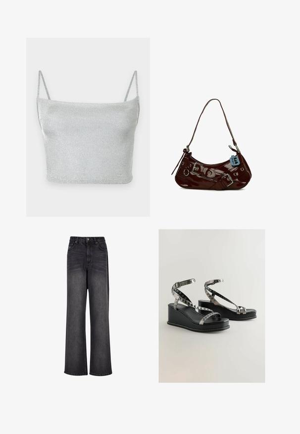 Crop top court en maille métallique argentée avec fines bretelles ajustables. Coupe ajustée et texture lisse. Aucun motif ni détail métallique visible.; Jean en denim noir à jambes larges avec une texture lisse, présentant une taille haute, des poches avant et une fermeture à bouton.; Sandales noires à talons compensés avec des accents de lanières métalliques et des découpes circulaires. Fini en cuir lisse avec un détail de couture blanche.; Sac à main en cuir verni bordeaux avec une forme courbée, accents en métal argenté et une boucle décorative. Il présente une courte bandoulière et une fermeture éclair.