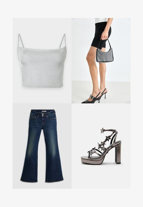 Crop top court en maille métallique argentée avec fines bretelles ajustables. Coupe ajustée et texture lisse. Aucun motif ni détail métallique visible.; Jean flare super bas en denim bleu foncé avec poches avant et arrière, fermeture à double bouton et détails décolorés sur les cuisses et les genoux.; Sandale métallique à talon haut avec semelle plateforme et plusieurs brides décorées d’embellissements en forme d’étoile et boucle à la cheville.; Sac à main à perles noires avec une silhouette courbée, une poignée de transport et une texture brillante. Porté avec des chaussures à talons hauts noires et un short noir ajusté.