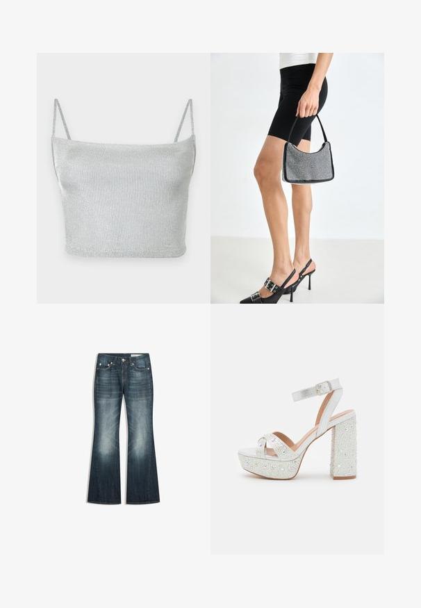 Strieborný metalický pletený crop top s tenkými nastaviteľnými ramienkami. Priliehavý strih a hladká textúra. Žiadne vzory ani viditeľné kovové detaily.; Tmavomodré džínsy bootcut s vyblednutými časťami na stehnách a kolenách, dizajn s piatimi vreckami a kovovým zapínaním na gombík.; Biele platformové sandále s metalickým finišom, so zlomenými pásmi, pásikom okolo členka a blokovým opätkom ozdobeným trblietavými kamienkami.; Čierna korálková kabelka s zakriveným siluetom, nosnou rukoväťou a lesklou textúrou. Nosená s vysokými čiernymi topánkami na opätku a priliehavými čiernymi šortkami.