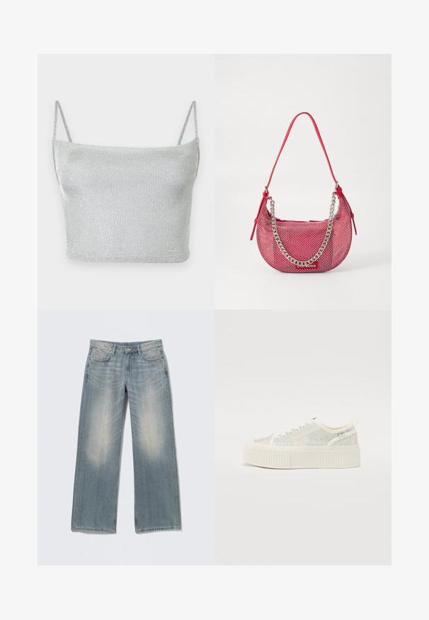 Crop top court en maille métallique argentée avec fines bretelles ajustables. Coupe ajustée et texture lisse. Aucun motif ni détail métallique visible.; Jean bleu clair à jambes larges avec une finition délavée, en denim. Comprend des passants pour ceinture, des poches avant et une braguette zippée avec fermeture par bouton.; Baskets plateformes blanches avec une tige texturée featuring des accents irisés et une semelle épaisse à nervures. Lacets et une languette à l'arrière.; Sac à main perforé rouge en forme arrondie, avec une accent en chaîne argentée et une bandoulière assortie. Logo affiché à l'avant.