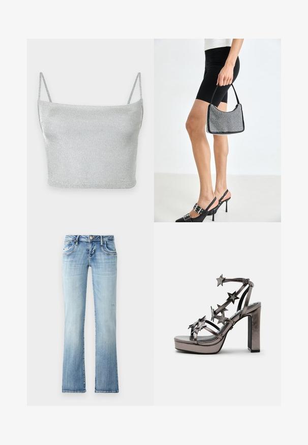 Crop top court en maille métallique argentée avec fines bretelles ajustables. Coupe ajustée et texture lisse. Aucun motif ni détail métallique visible.; Jean en denim bleu clair avec une coupe droite, comportant cinq poches, une fermeture à bouton et un léger dégradé dans la texture du tissu.; Sandale métallique à talon haut avec semelle plateforme et plusieurs brides décorées d’embellissements en forme d’étoile et boucle à la cheville.; Sac à main à perles noires avec une silhouette courbée, une poignée de transport et une texture brillante. Porté avec des chaussures à talons hauts noires et un short noir ajusté.
